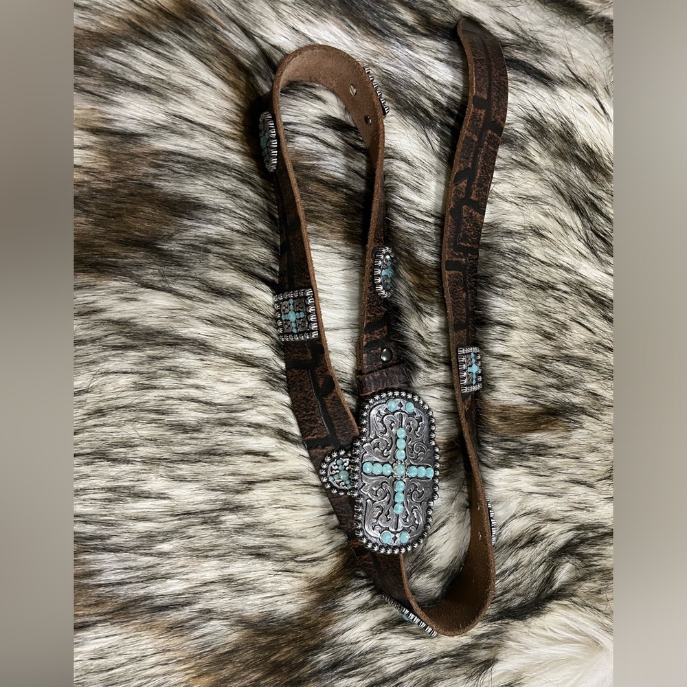 Ariat Brown Leather Belt Medallion Studded Cross Cowgirl Western Boho Y2K Size L